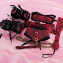 Kit Acessórios BDSM Estilo Luxury Vermelho - Algemas, Chicote, Venda e Mordaça - Libertina Sex Shop - acessório sado bdsm, algema bdsm, algema bdsm sexual, bdsm, roupa bdsm - Sex Shop Vibradores