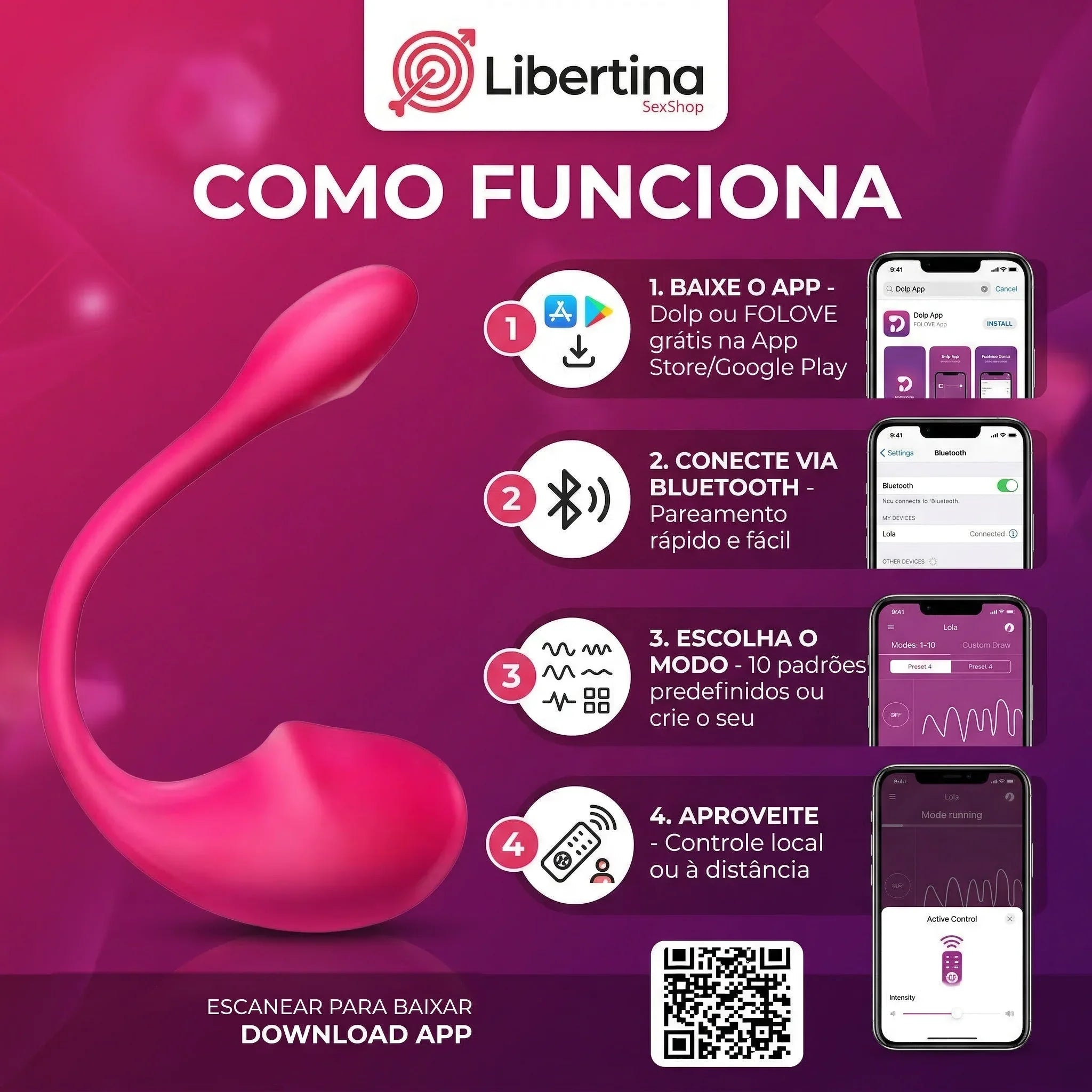 Vibrador Feminino de Ponto G e Clitóris com Controle a Remoto Bluetooth - Lola