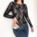 Body Feminino em Renda Floral Camada Dupla Manga Longa · Gola Redonda · Estilo Sofisticado · Tamanho