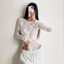Body Feminino em Renda Floral Camada Dupla Manga Longa · Gola Redonda · Estilo Sofisticado · Tamanho