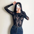 Body Feminino em Renda Floral Camada Dupla Manga Longa · Gola Redonda · Estilo Sofisticado · Tamanho