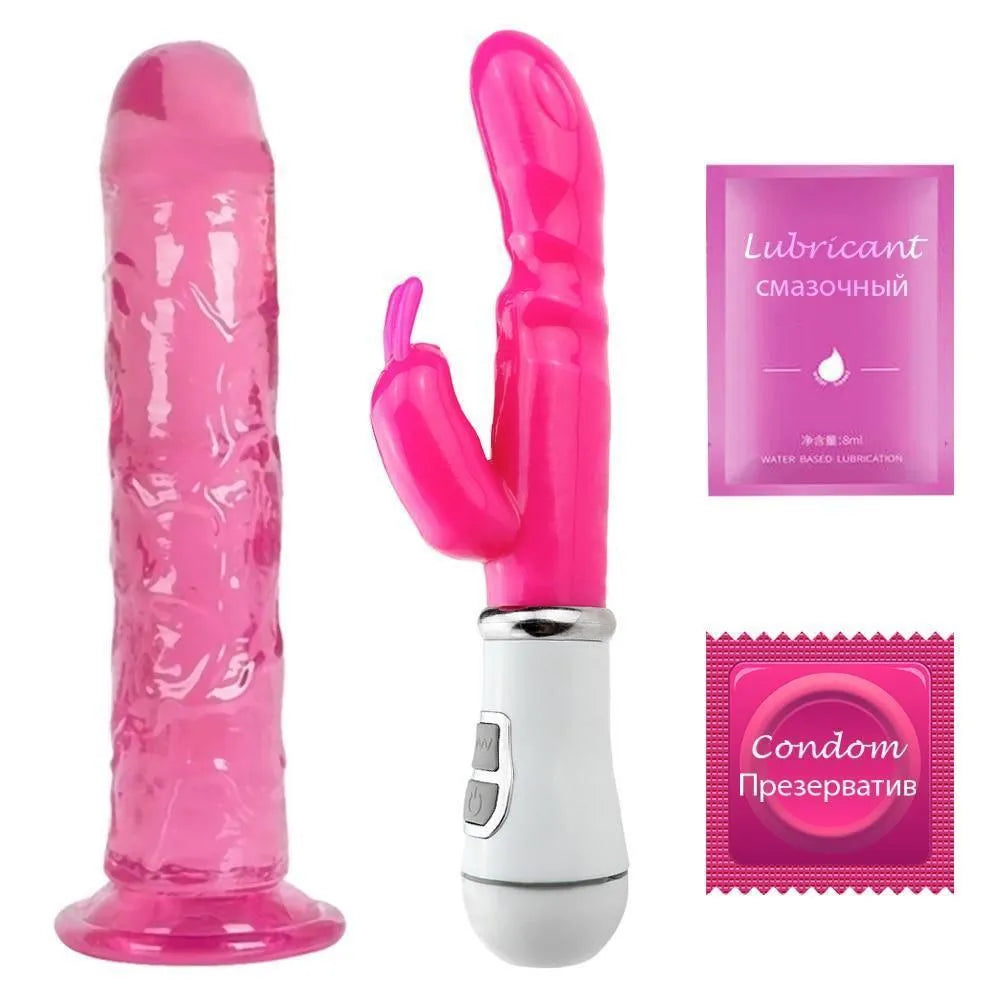 Kit Vibrador Rabbit + Consolo em Silicone Super Macio - Libertina Sex Shop - consolo, dildo, maisvendidos, mulheres, pênis de borracha, rabbit, vibrador, Vibrador Feminino, Vibrador Feminino Rabbit - Sex Shop Vibradores