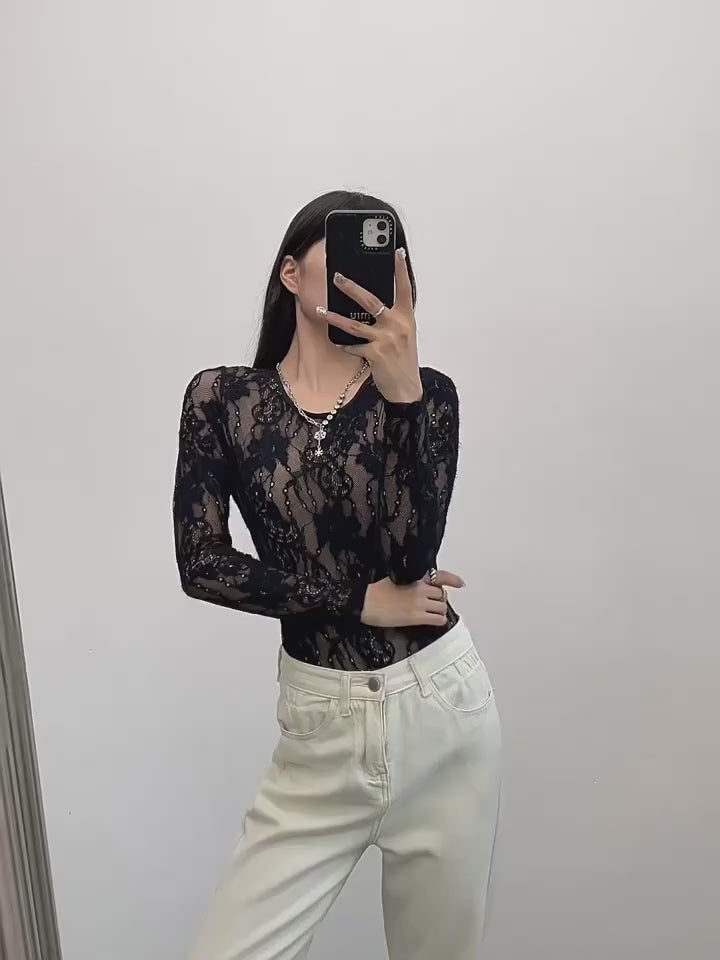 Body Renda Floral Manga Longa demonstração